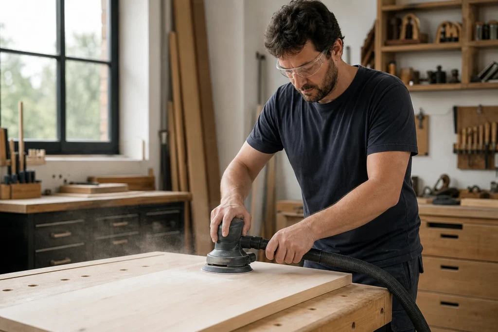 Bricoleur utilisant une ponceuse excentrique raccordée à une aspiration sur un panneau en bois clair