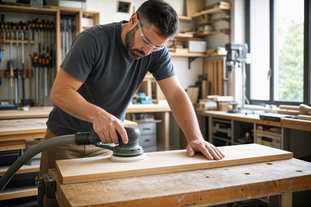 Bricoleur utilisant une ponceuse orbitale ronde avec aspiration sur un panneau en bois clair