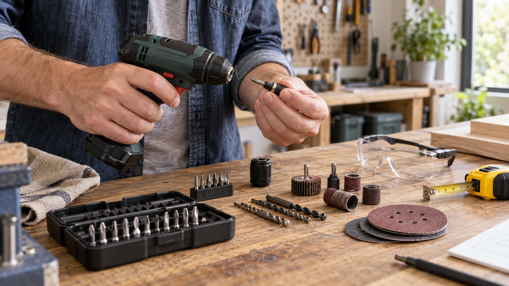 Bricoleur vérifiant un embout et les accessoires d’une perceuse-visseuse