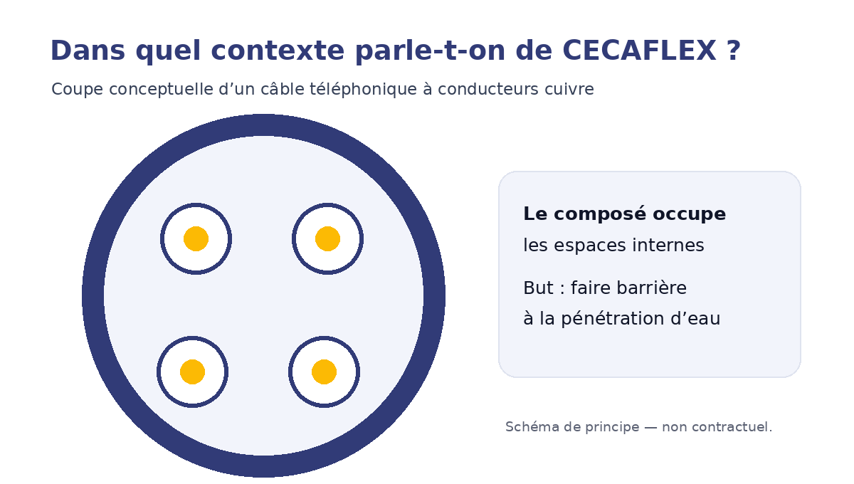 Coupe de principe d’un câble téléphonique cuivre, avec des espaces internes occupés par un composé de remplissage