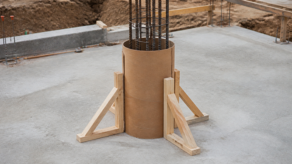 Tube de coffrage en carton maintenu verticalement par des tasseaux autour d'une armature de poteau