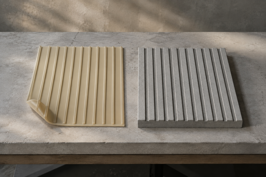 Matrice souple beige et échantillon de béton à relief parallèle