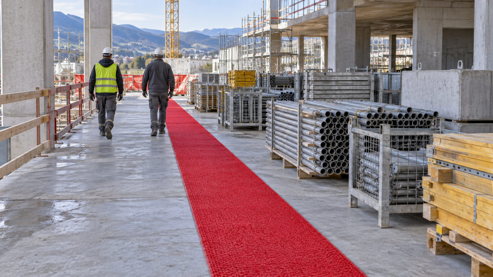 Cheminement piéton matérialisé par un tapis rouge sur un chantier