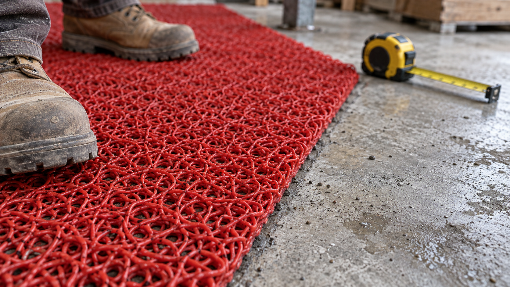 Gros plan sur la texture ouverte d’un tapis rouge de chantier posé sur béton