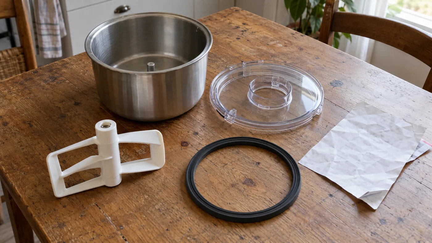 Bol, pale, couvercle et joint de turbine à glace posés sur une table, les pièces d’usure à vérifier avant l’achat