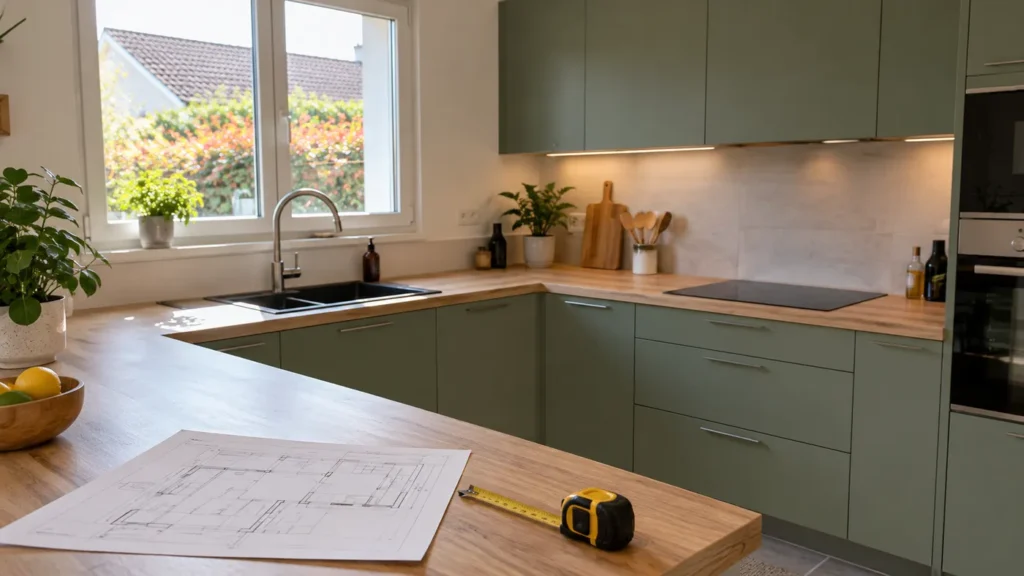 Cuisine équipée aux façades vert sauge et plan de travail effet bois, avec un plan imprimé et un mètre ruban posés sur le plan de travail
