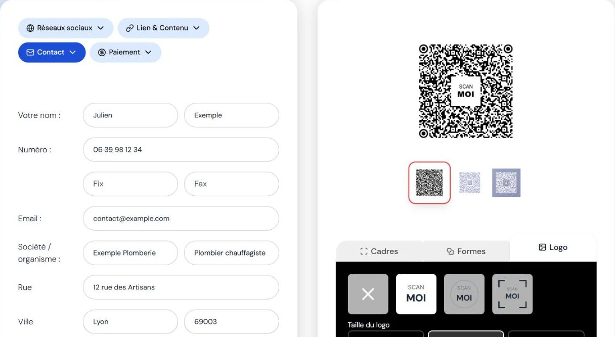 Formulaire vCard rempli pour la carte de visite QR code de Julien Exemple, plombier chauffagiste fictif, et le code obtenu avec le logo « SCAN MOI »
